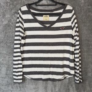 Hollister Y2K Striped Slouchy V-Neck Long Sleeve Shirt Sz Sm Preppy Bird